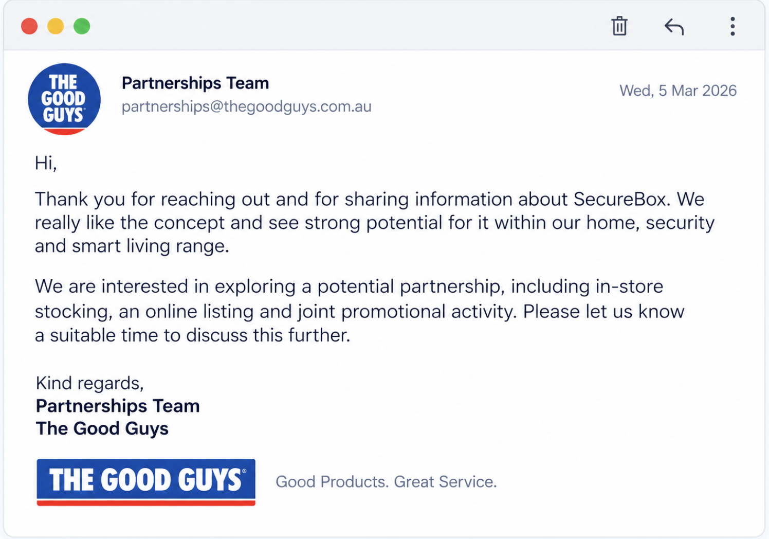 Simulated The Good Guys retail-channel planning communication showing proposed smart-home retail, online and promotional opportunities.