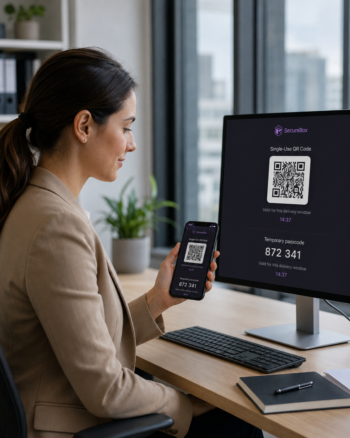 SecureBox owner generating a single-use QR code and temporary passcode before a delivery