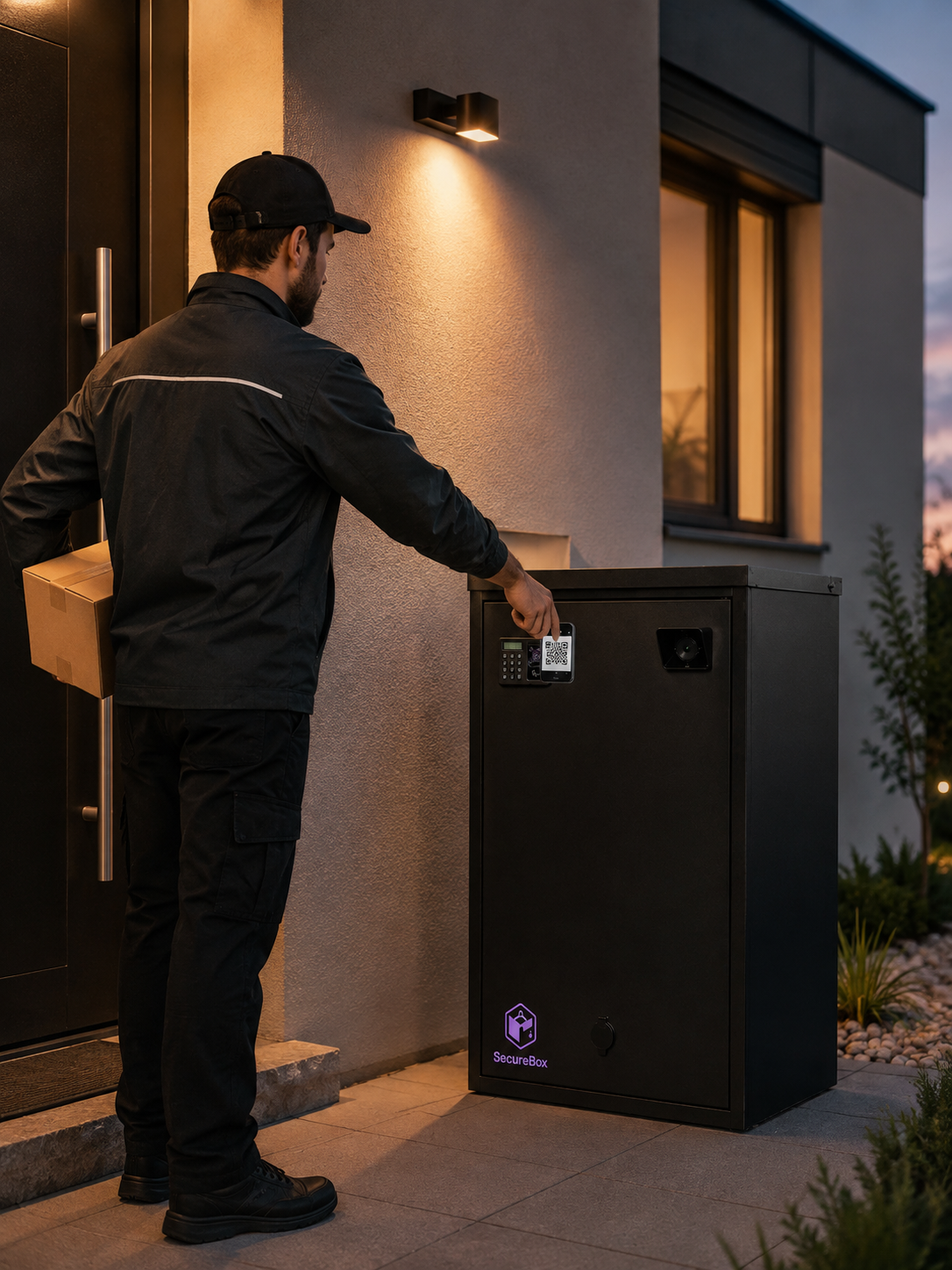 Courier holding a parcel while scanning the QR code at the SecureBox unit