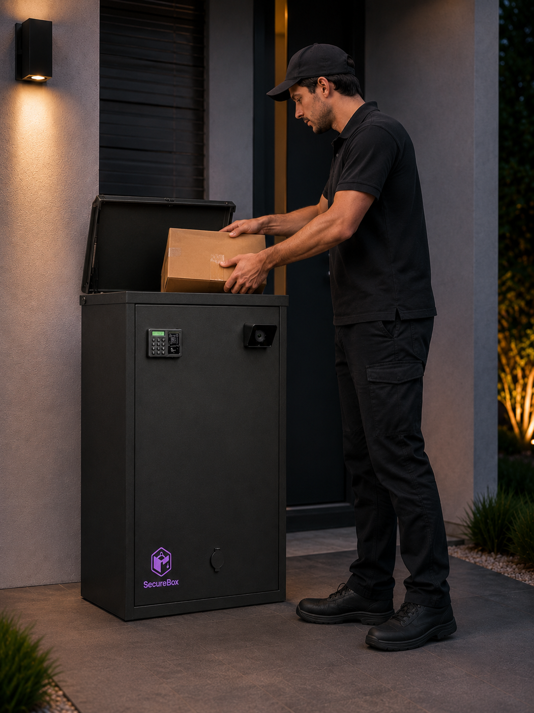 Courier lowering the parcel through the top opening of SecureBox