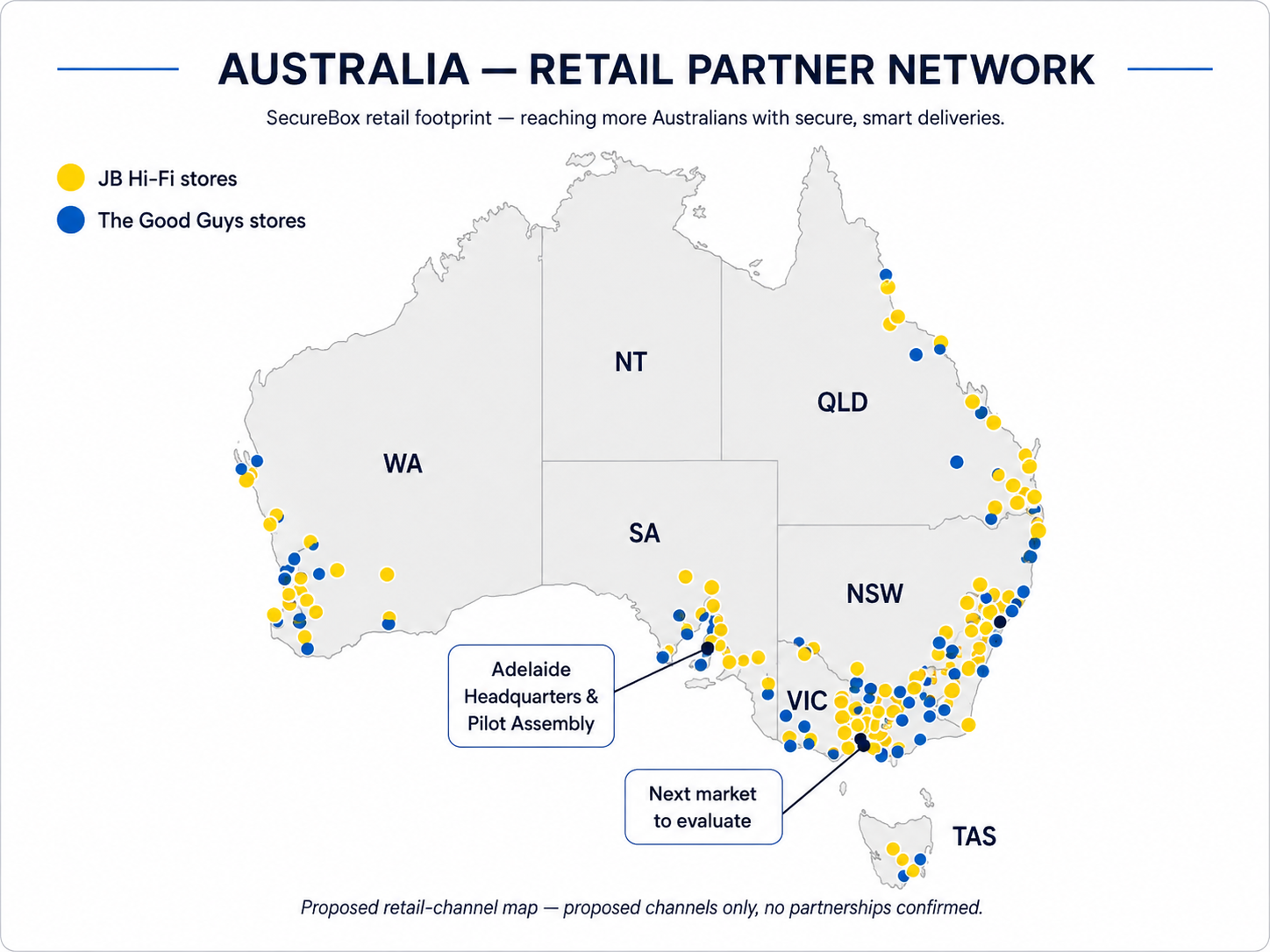 Map of Australia showing Adelaide headquarters and pilot assembly, proposed JB Hi-Fi and The Good Guys retail locations, and future interstate expansion
