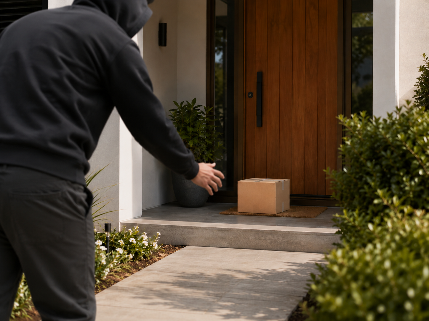 Unknown person reaching for a parcel at a front door