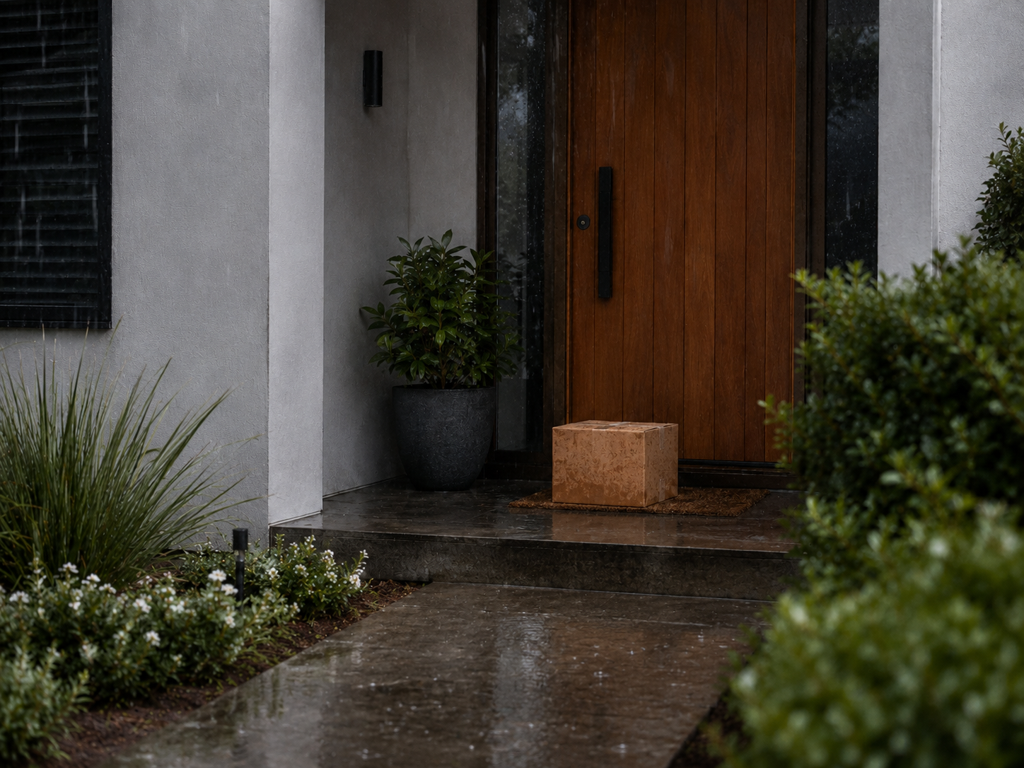 Parcel exposed to rain on a wet front porch