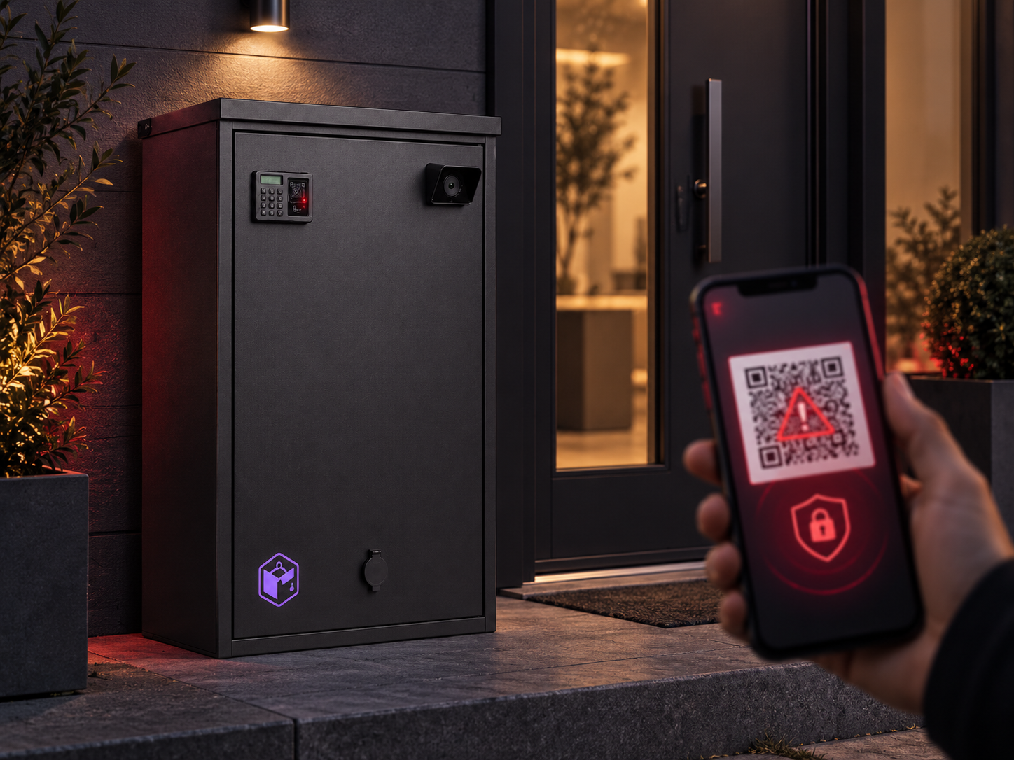 SecureBox at a residential entrance with a phone showing an invalid QR credential