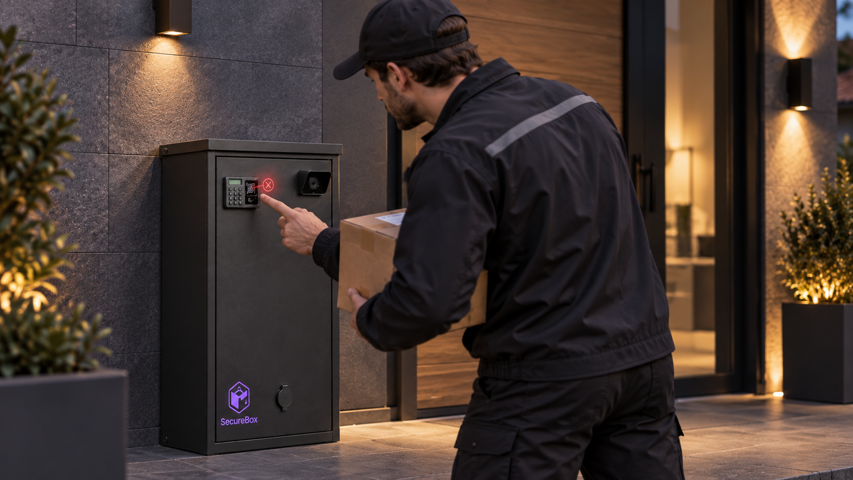 Courier holding a parcel unable to access SecureBox at a front entrance