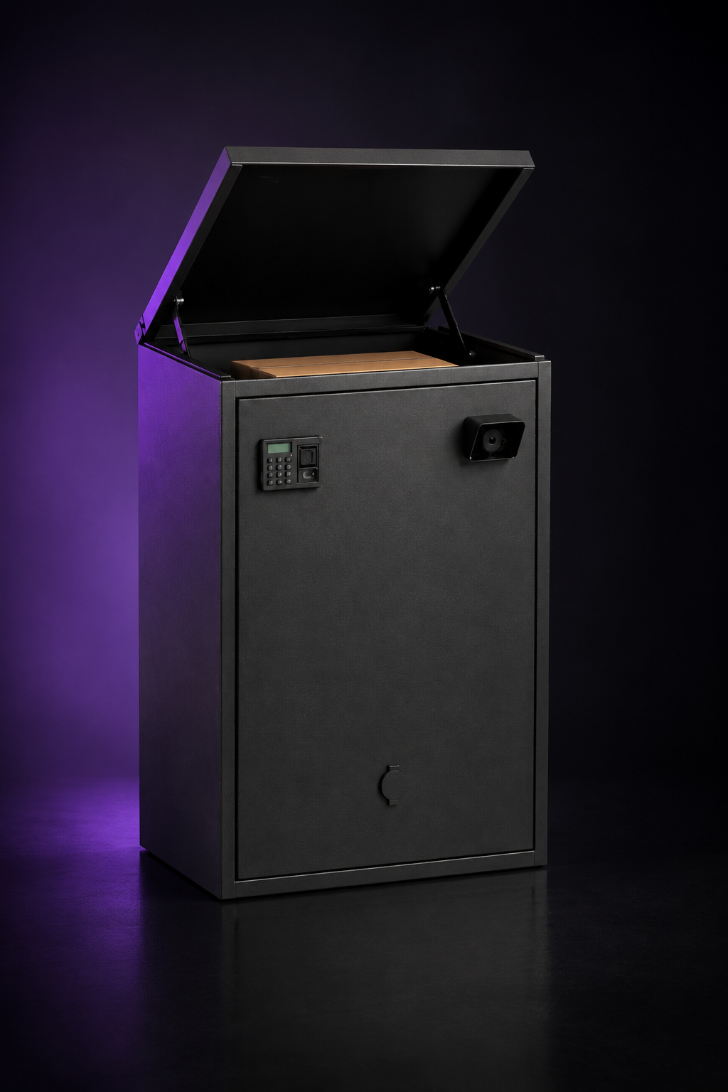 SecureBox with the lid open, showing the parcel, keypad, camera and backup key slot