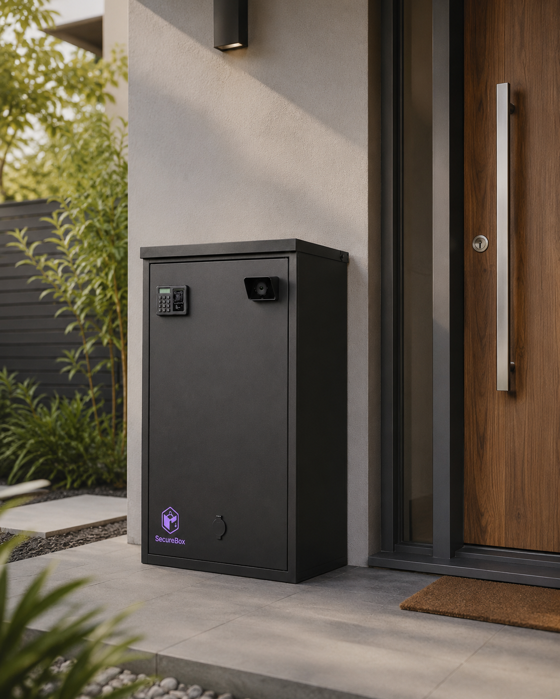 SecureBox installed beside the front door of a modern home in daylight